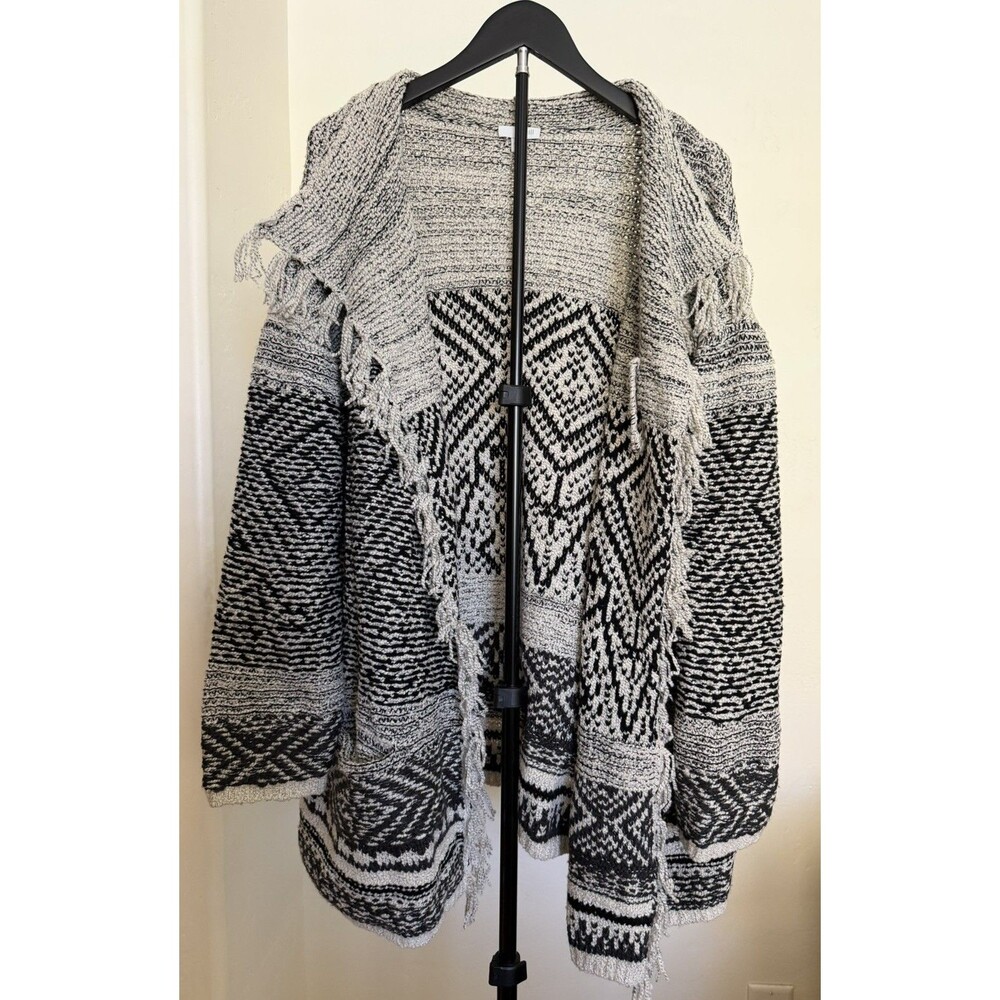 J. Jill Open Front Fringe Aztec Cardigan Shawl Poncho XL Wool Blend Pockets NWOT